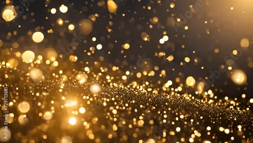 gold particles abstract background with shining golden floor particle stars dust. Futuristic glittering fly movement flickering loop in space on black background photo