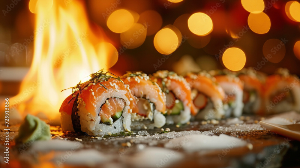 Enjoy a heartwarming meal of sushi rolls decorated with fanciful sea creature designs surrounded by the cozy ambiance of a crackling fireplace. Enjoy a heartwarming meal of sushi rolls decorated with fanciful sea creature designs surrounded by the cozy ambiance of a crackling fireplace.