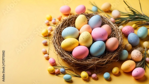Top view photo of Colorful Easter eggs in the nest and bunch small eggs around isolated on yellow background