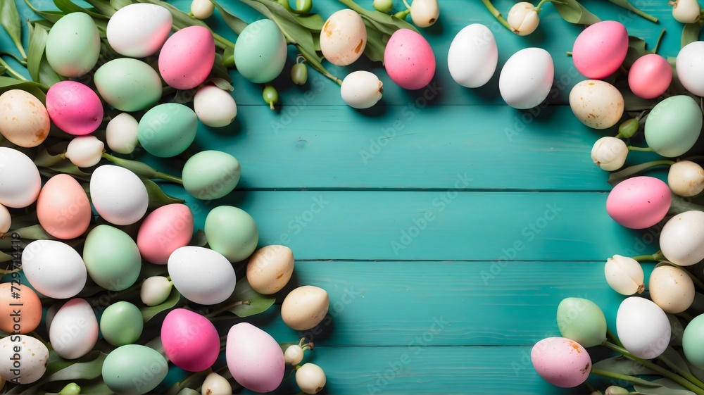 Top view photo of lovely pastel Easter eggs and tulips on a green wooden background copy space in the middle