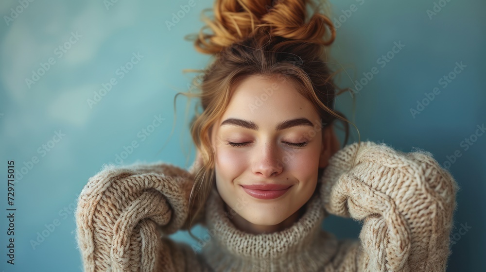 Young caucasian woman stretching arms with eyes closed, in woolen turtleneck pull over, relaxed position isolated on green background Young caucasian woman stretching arms with eyes closed, in woolen turtleneck pull over, relaxed position isolated on green background