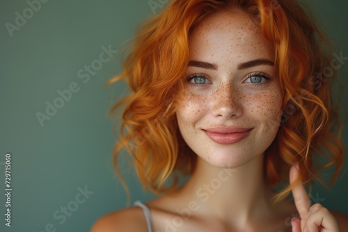 Smiling young woman with short curly red hair and cute freckles over isolated green background pointing finger to the side photo