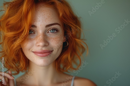 Smiling young woman with short curly red hair and cute freckles over isolated green background pointing finger to the side photo