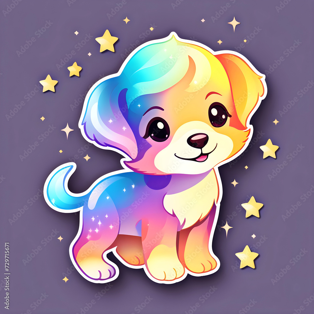 cute cartoon sticker art design of a sunrise/sunset iridescent rainbow dog puppy with floppy ears surrounded by sparkles and stars cute cartoon sticker art design of a sunrise/sunset iridescent rainbow dog puppy with floppy ears surrounded by sparkles and stars