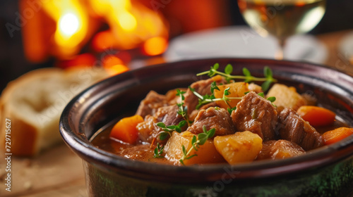 A bowl of traditional Irish stew made with tender chunks of lamb rustic potatoes and savory vegetables slowcooked in a traditional Irish cottage with a crackling fire in the