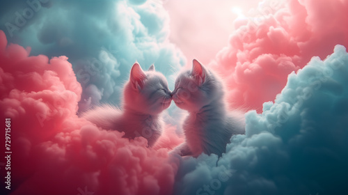 Cute cuddly kittens kiss In a fluffy pink azure cloud. Adorable and cuddle tiny baby cats. Tender love concept for valentines day cards. Lovable poster with kitty. Valentine romance idea, copy space photo