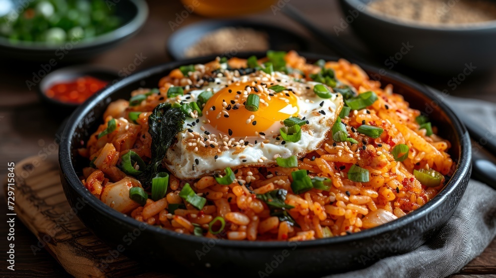 Korean Kimchi Fried Rice Also known as kimjib geumbap, it is served on a plate with smoke rising gently. Reminiscent of the aroma of freshly prepared deliciousness.