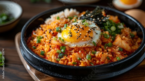Korean Kimchi Fried Rice Also known as kimjib geumbap, it is served on a plate with smoke rising gently. Reminiscent of the aroma of freshly prepared deliciousness.