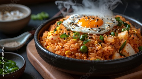 Korean Kimchi Fried Rice Also known as kimjib geumbap  it is served on a plate with smoke rising gently. Reminiscent of the aroma of freshly prepared deliciousness.