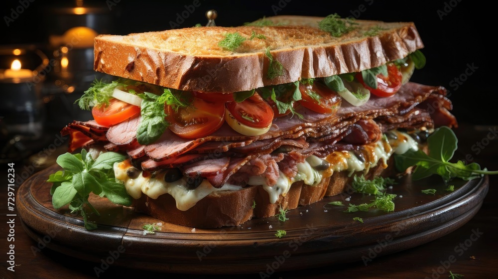 Delicious sandwich full of meat and vegetables, black and blur background Delicious sandwich full of meat and vegetables, black and blur background