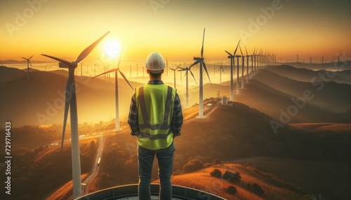 Back view of an engineer standing atop a wind turbine looking out over a vast wind farm during a picturesque sunset.