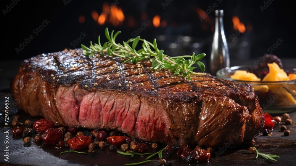 Grilled steak with melted barbeque sauce on a black and blurry background Grilled steak with melted barbeque sauce on a black and blurry background