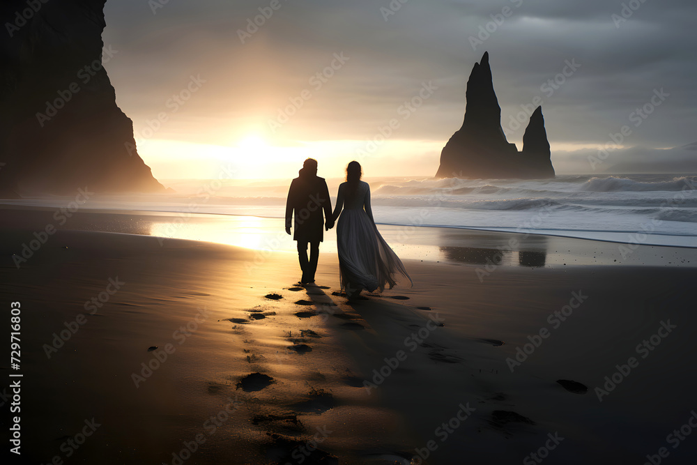 silhouette of a romantic couple walking together along the coast of Iceland. family relationships and friendship between a man and a woman