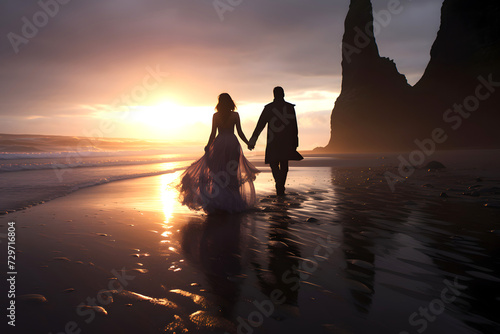 silhouette of a romantic couple walking together along the coast of Iceland. family relationships and friendship between a man and a woman © photosaint