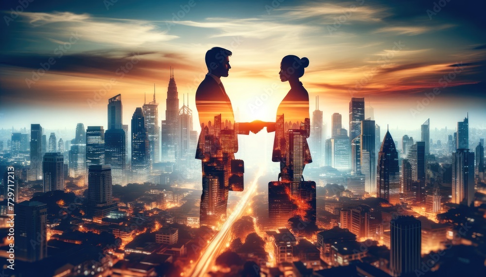Double exposure image showing two businessman shaking hands, blended with a bustling city skyline at sunset.