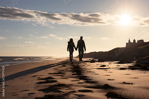 silhouette of a romantic couple walking along the sand. family relationships and friendship between a man and a woman