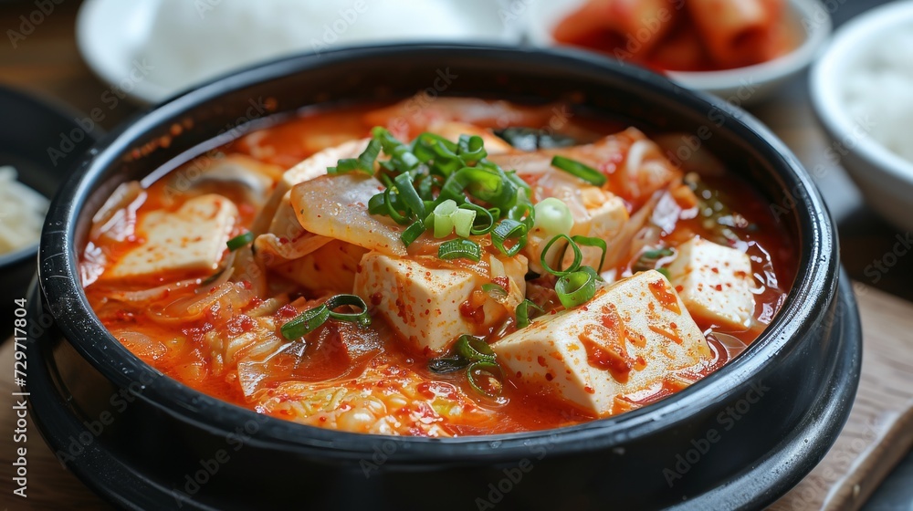 Kimchi Jjigae: A spicy Korean stew brimming with the robust flavors of fermented kimchi, tender tofu, and your choice of succulent pork or seafood.