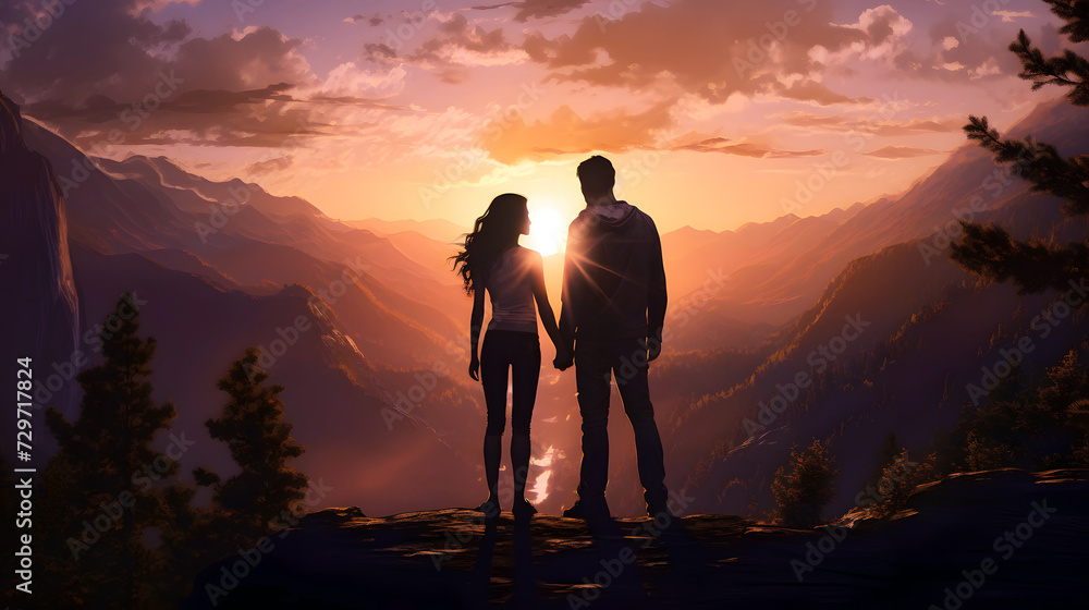 silhouette of a romantic couple walking in nature. family relationships and friendship between a man and a woman