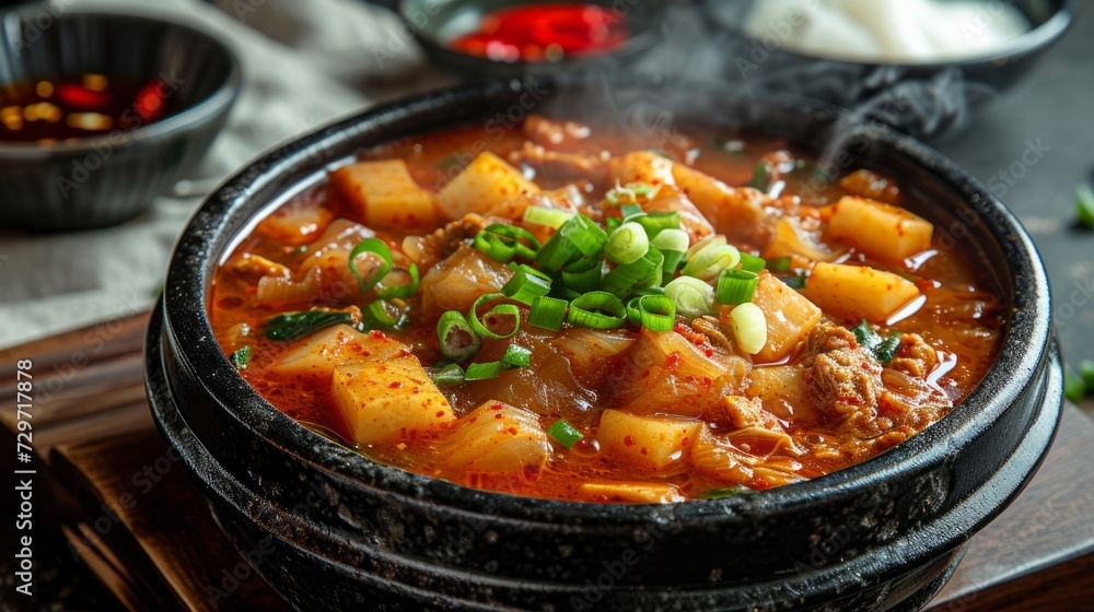 Kimchi Jjigae: A spicy Korean stew brimming with the robust flavors of fermented kimchi, tender tofu, and your choice of succulent pork or seafood.