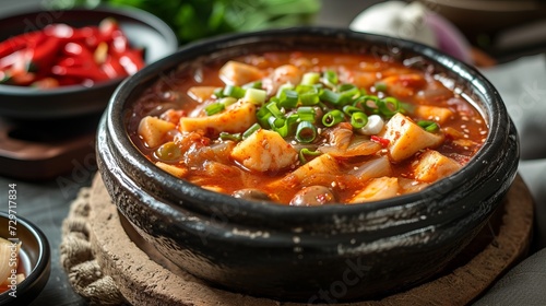 Kimchi Jjigae: A spicy Korean stew brimming with the robust flavors of fermented kimchi, tender tofu, and your choice of succulent pork or seafood. photo