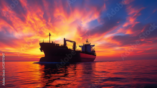 The silhouette of a tanker ship against a dramatic sunset sky highlighting the crucial role of these vessels in transporting oil and gas to fuel power plants and industries