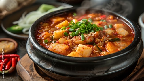 Kimchi Jjigae: A spicy Korean stew brimming with the robust flavors of fermented kimchi, tender tofu, and your choice of succulent pork or seafood.