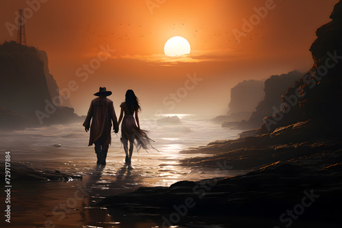 silhouette of a romantic couple walking in nature. family relationships and friendship between a man and a woman