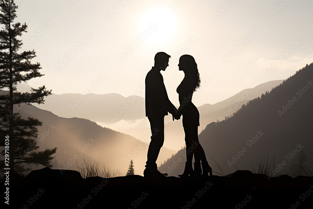 silhouette of a romantic couple looking at each other in the evening outdoors. family relationships and friendship between a man and a woman silhouette of a romantic couple looking at each other in the evening outdoors. family relationships and friendship between a man and a woman