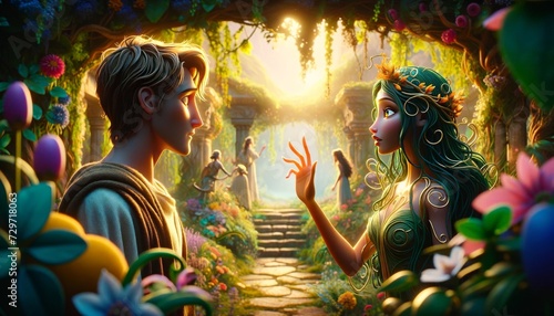 A whimsical, animated art style scene depicting Medea and Jason's first meeting at Colchis. photo