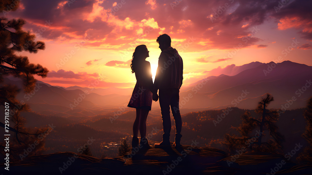 silhouette of a romantic couple looking at each other in the evening outdoors. family relationships and friendship between a man and a woman silhouette of a romantic couple looking at each other in the evening outdoors. family relationships and friendship between a man and a woman