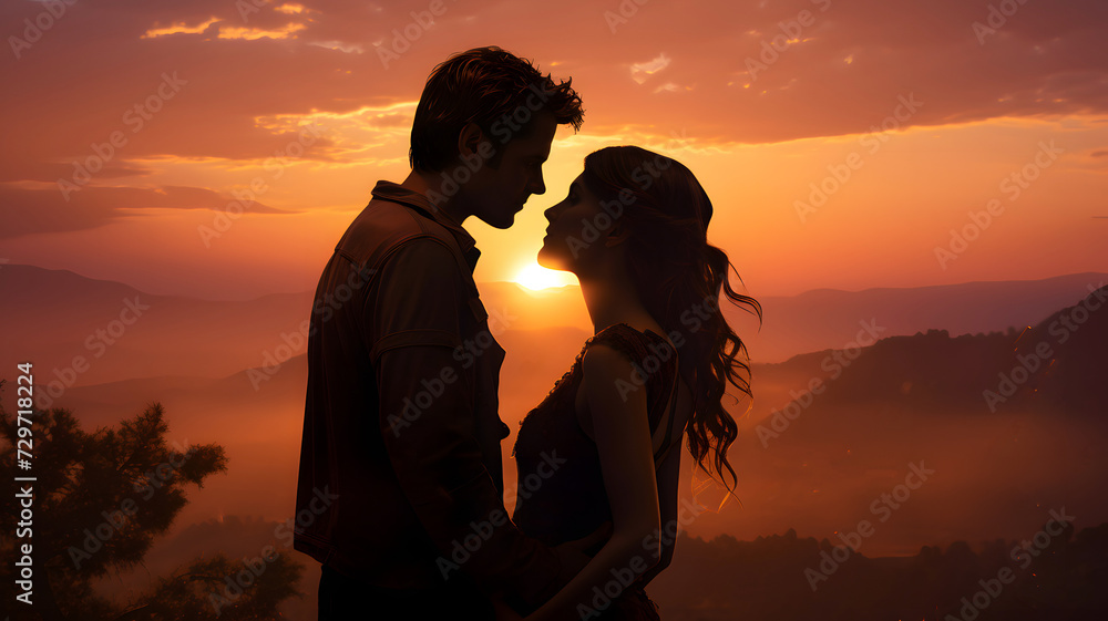 silhouette of a romantic couple looking at each other in the evening outdoors. family relationships and friendship between a man and a woman