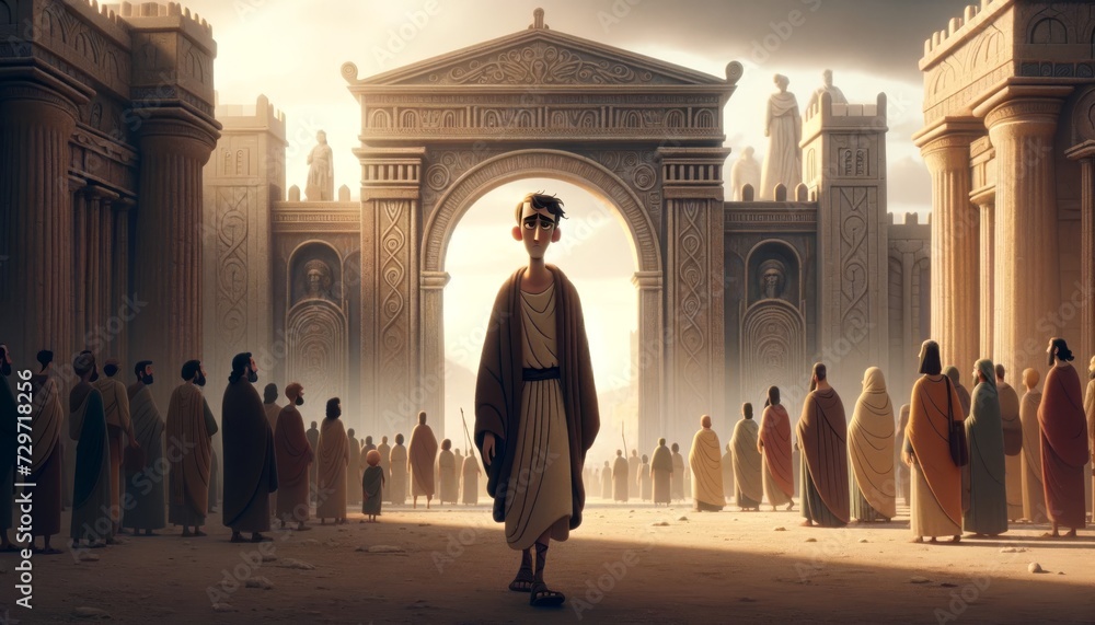 A whimsical animated art style image of Oedipus' exile from Thebes, with the city gates in the background. - obrazy, fototapety, plakaty 