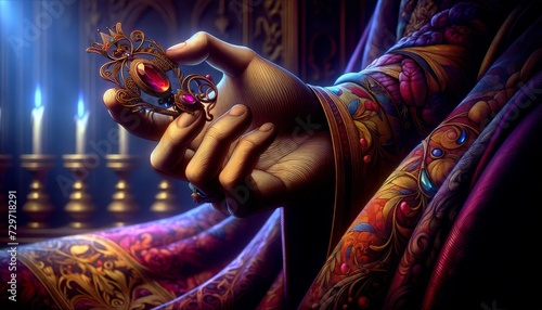 A whimsical animated art style image that captures a close-up of Oedipus' hand holding the brooch he will later use to blind himself.