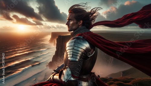 A noble knight gazing at the horizon from atop a windy cliff.