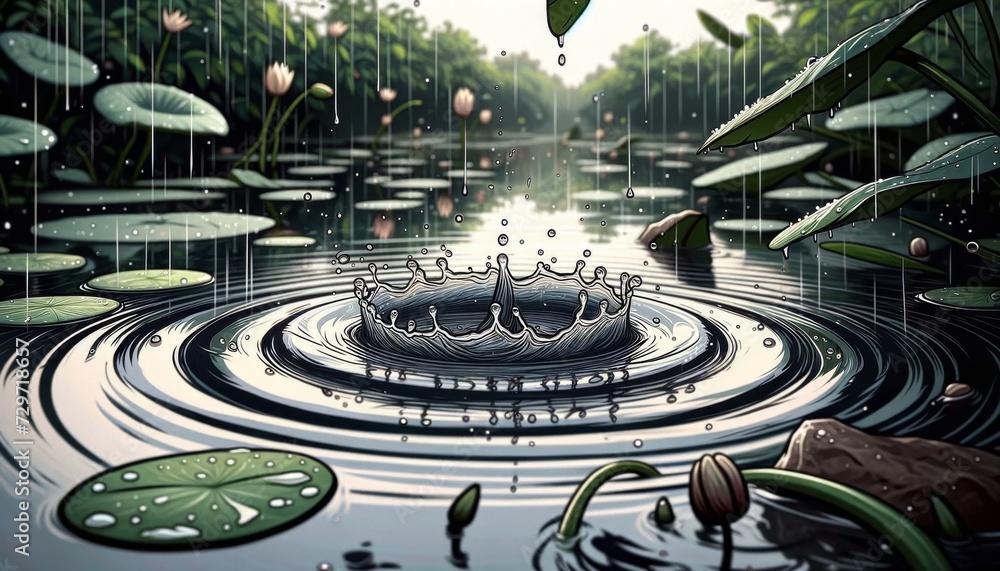 A close-up of ripples in the water caused by a gentle rain in a whimsical animated style.