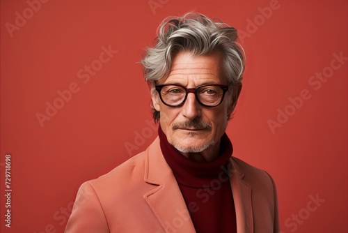 Portrait of a stylish senior man in glasses. Studio shot over red background. © Iigo
