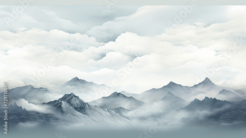Minimalist illustration of a mountainous landscape with low sun © jr-art