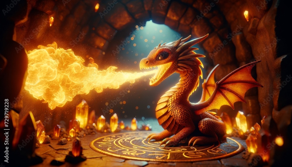 Fototapeta premium A whimsical animated amber-colored dragon breathing fire in a mystical cave.