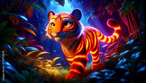 A whimsical animated bright orange tiger with stripes that blaze in a twilight jungle.