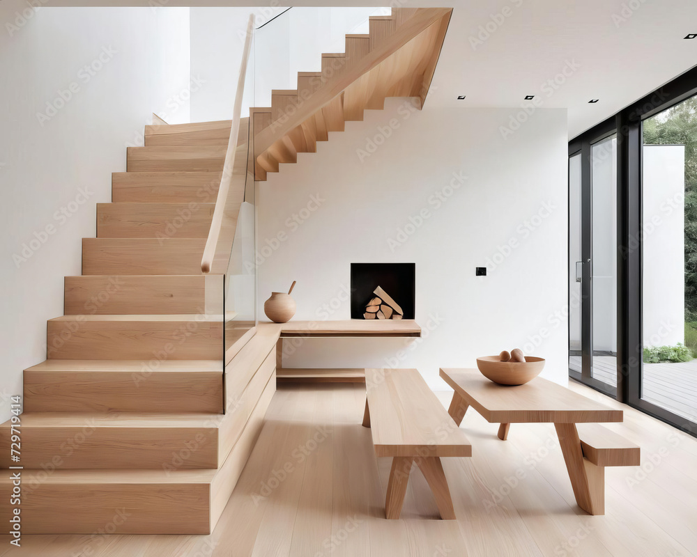 Minimalist Interior Design - Professional close-up photo featuring a library, staircase, and kitchen with Nordic simplicity and clean lines Gen AI Minimalist Interior Design - Professional close-up photo featuring a library, staircase, and kitchen with Nordic simplicity and clean lines Gen AI
