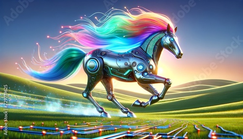 A whimsical, animated art-style image of a cybernetic horse with a holographic mane galloping along a digital plain.