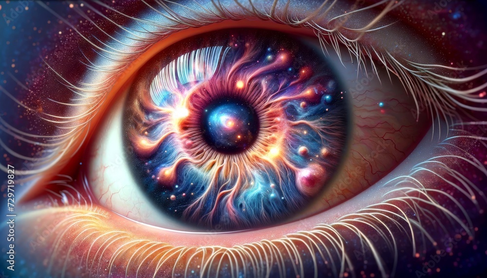 A whimsical, animated artwork of a close-up of a human eye, with the iris depicting a detailed galaxy or star system. - obrazy, fototapety, plakaty 