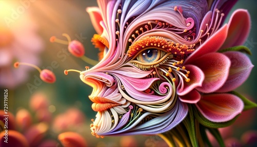 A whimsical, animated artwork of a close-up of a flower, with the petals and stamen forming the likeness of a human. photo