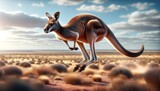 A photo-realistic image of a kangaroo bounding across the Australian outback, captured in a medium shot.