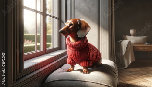 A photorealistic image of a small dog in a sweater, looking out of a window.