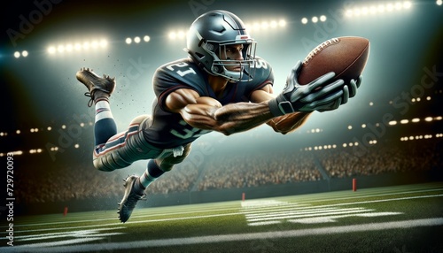 A photo-realistic image of a football player making a diving catch during a game, captured in a medium shot. photo