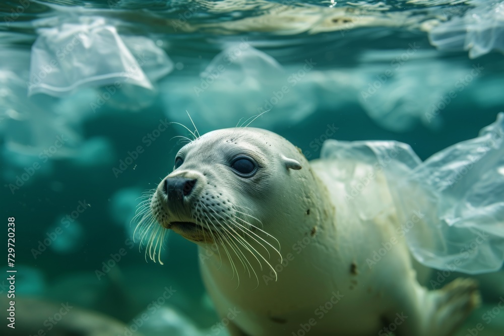Fototapeta premium Seal underwater with plastic bags