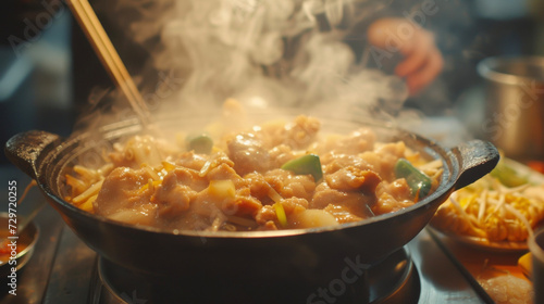 The aroma of y hot pot fills the air as slices of tender chicken orted vegetables and noodles come together in a satisfyingly y meal. photo