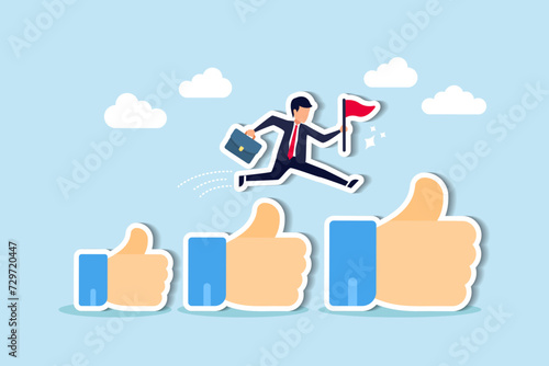 Career advancement Achievements, promotions, appreciation for successful employees concept, happy businessman holding winner flag jumping up growing thumbs up sign.