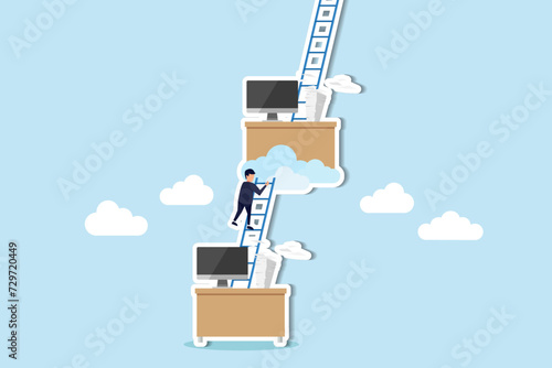 Career advancement Promotions, success ladder, progress towards goals, challenges, ambitions concept, businessman climb up ladder from his working desk to higher level.